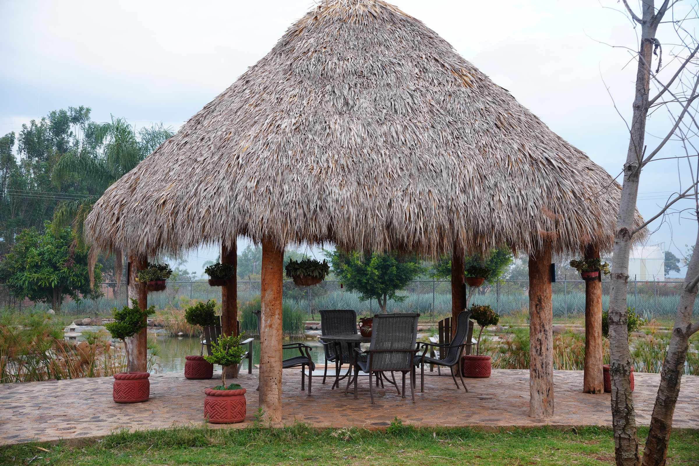 The palapa and outdoor tables beside Lake Avalón